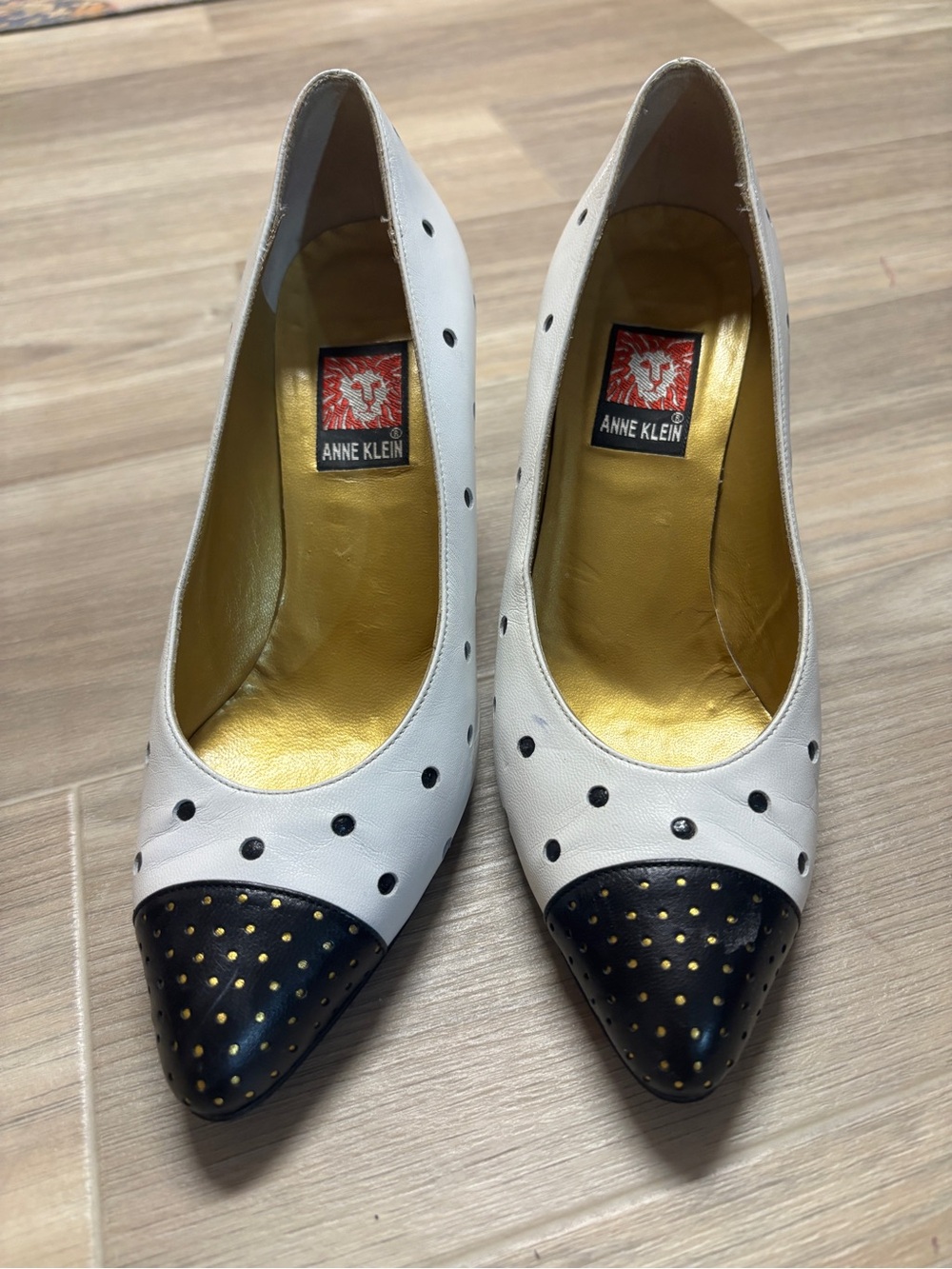 Anne Klein White Pumps with Black and Gold  Toe Cap